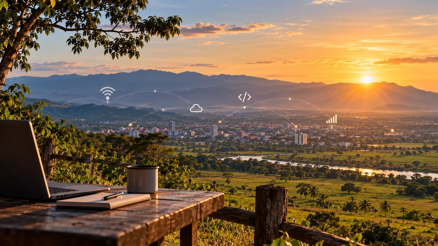 Ilustración: atardecer sobre la ciudad de Barinas y los llanos, con un portátil sobre una mesa de madera e íconos de conectividad sobre el paisaje.