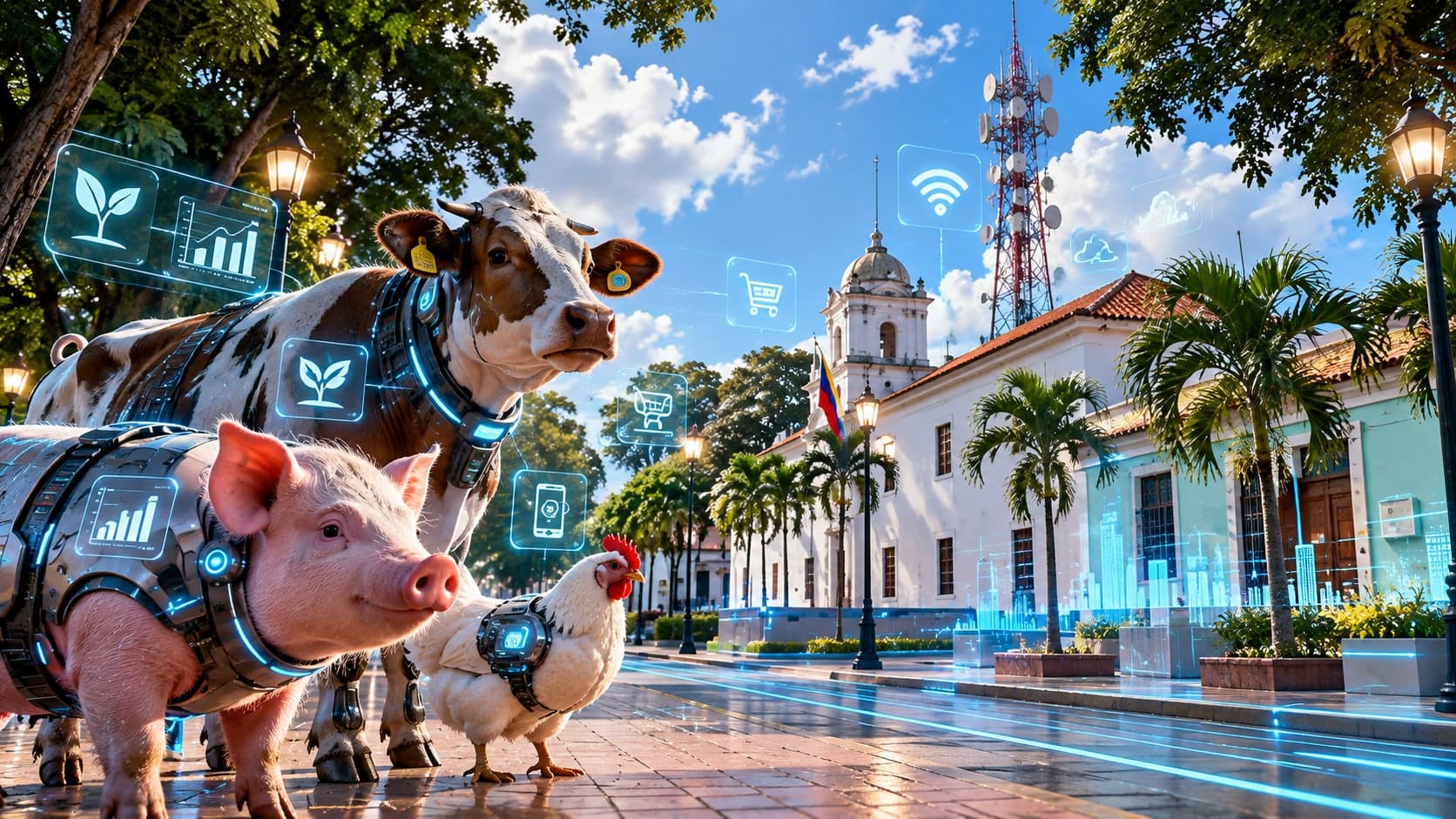 Ilustración: una vaca, un cerdo y una gallina con accesorios tecnológicos en una plaza de estilo colonial, rodeados de íconos digitales de comercio, pagos, conectividad y datos.