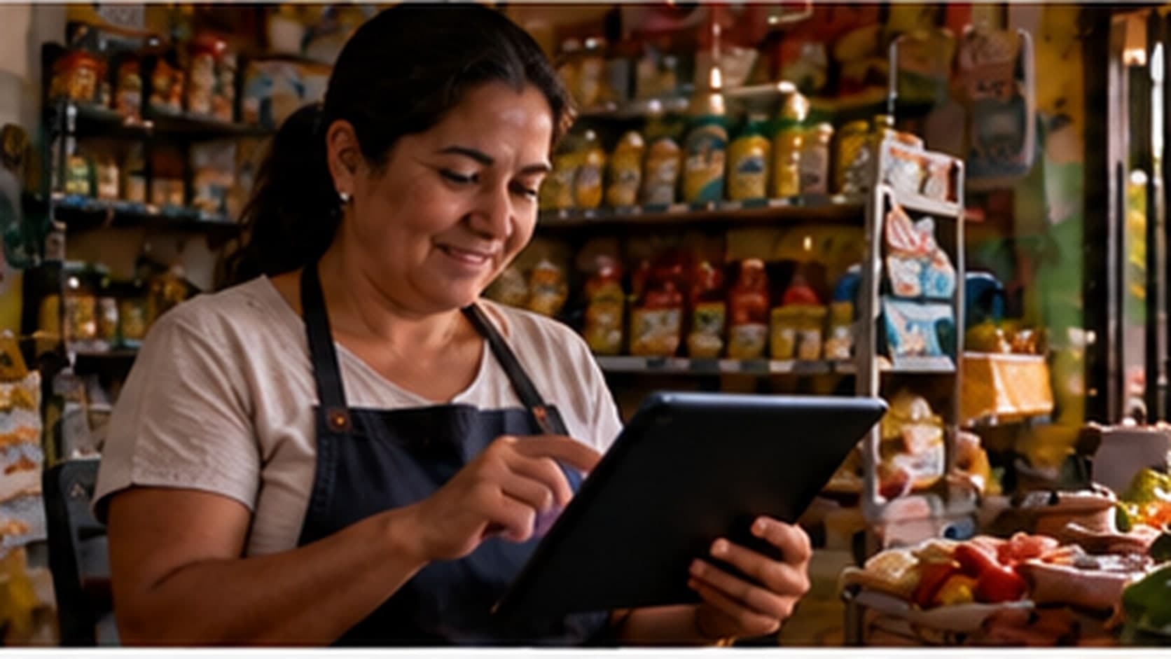Ilustración: la dueña de una bodega sonríe mientras usa una tablet entre los estantes de su comercio.