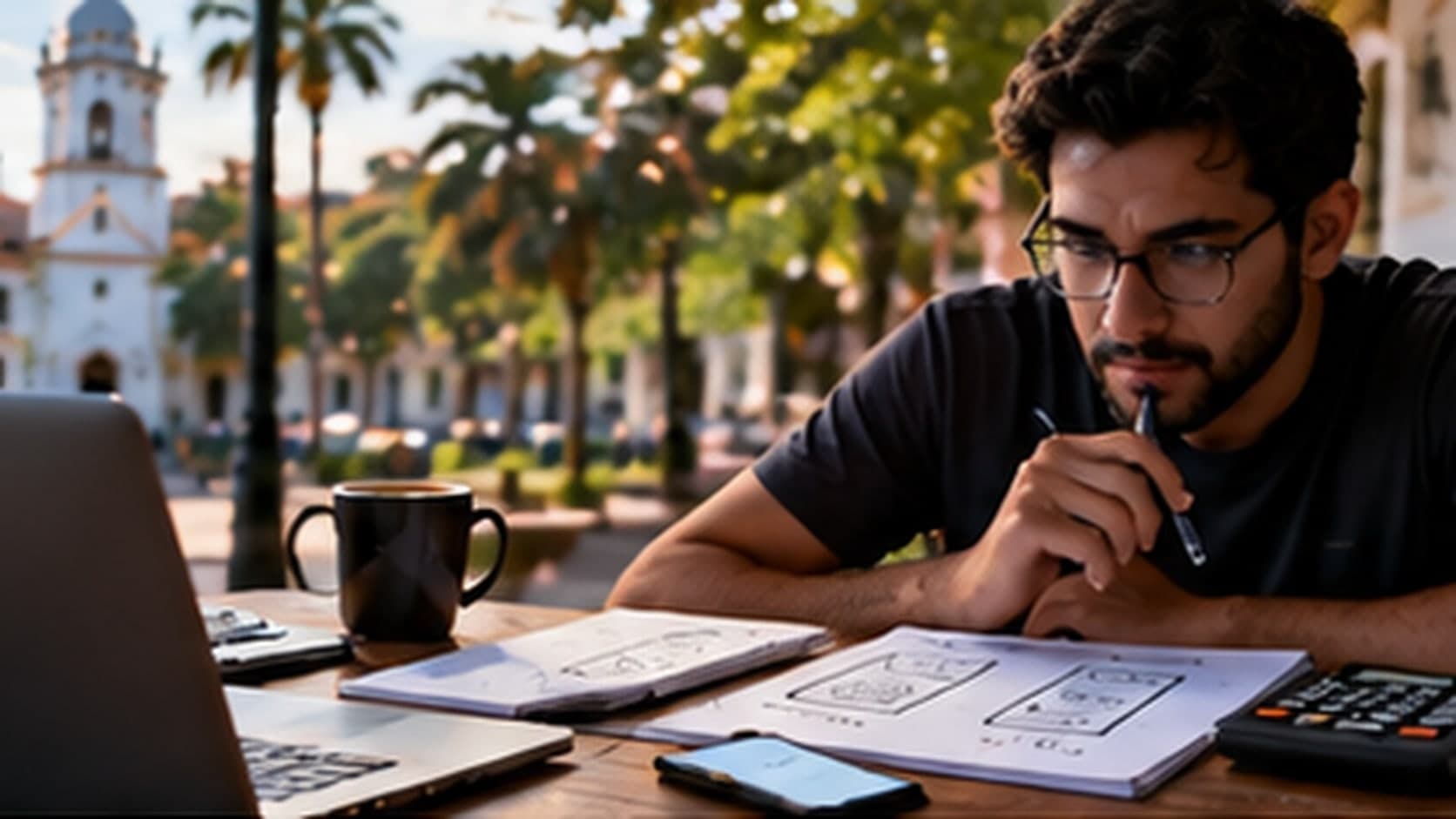 Ilustración: un emprendedor en una mesa al aire libre revisa bocetos de pantallas de una app junto a una laptop, una calculadora y su teléfono.