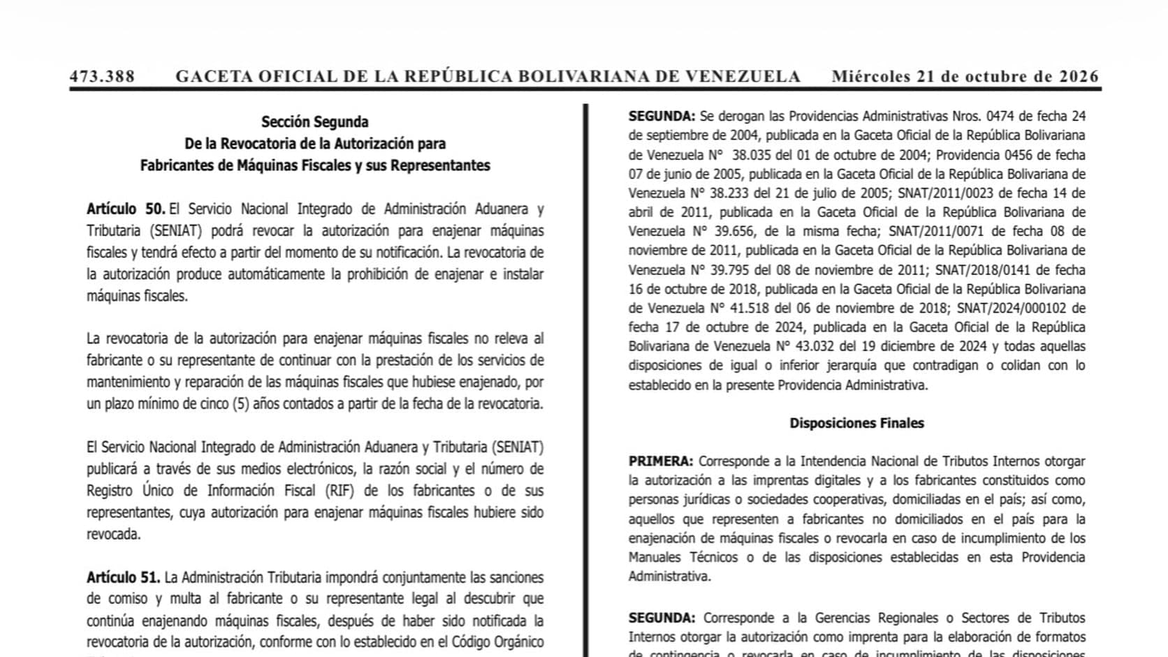 Fragmento de la Gaceta Oficial N.º 43.484 con la revocatoria de autorizaciones a fabricantes de máquinas fiscales y las providencias derogadas.