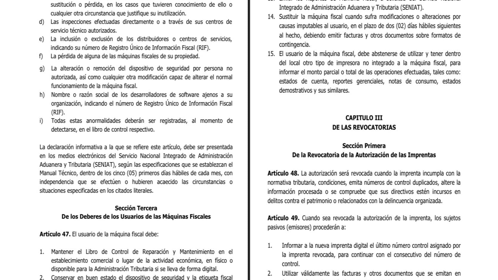 Fragmento de la Gaceta Oficial N.º 43.484 con el artículo 47 de la Providencia SNAT/2026/00093: los deberes de los usuarios de máquinas fiscales.