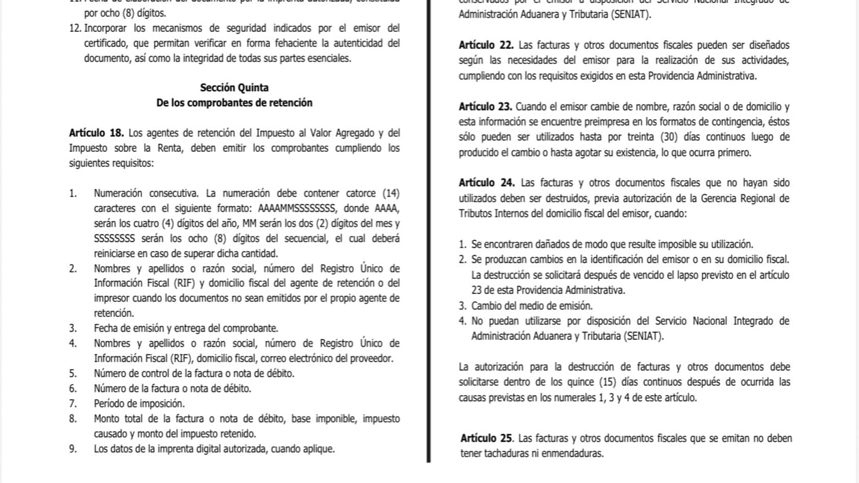 Fragmento de la Gaceta Oficial N.º 43.484 con el artículo 18 de la Providencia SNAT/2026/00093 sobre comprobantes de retención y las disposiciones comunes.
