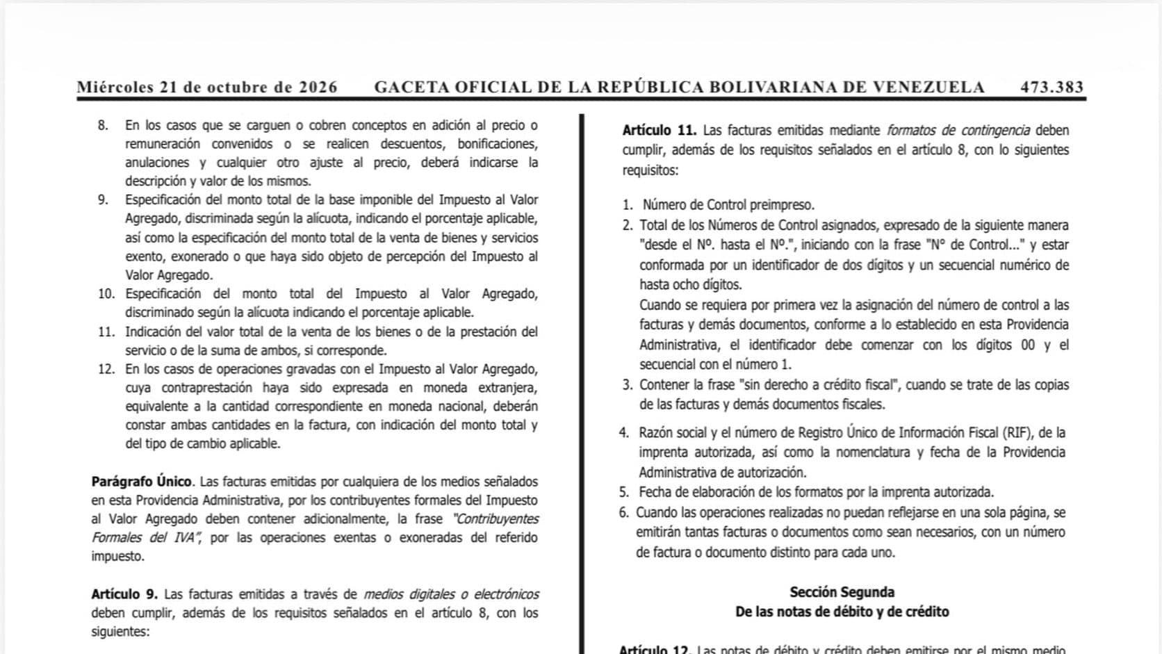 Fragmento de la Gaceta Oficial N.º 43.484 con el artículo 11 de la Providencia SNAT/2026/00093: requisitos de las facturas en formatos de contingencia.