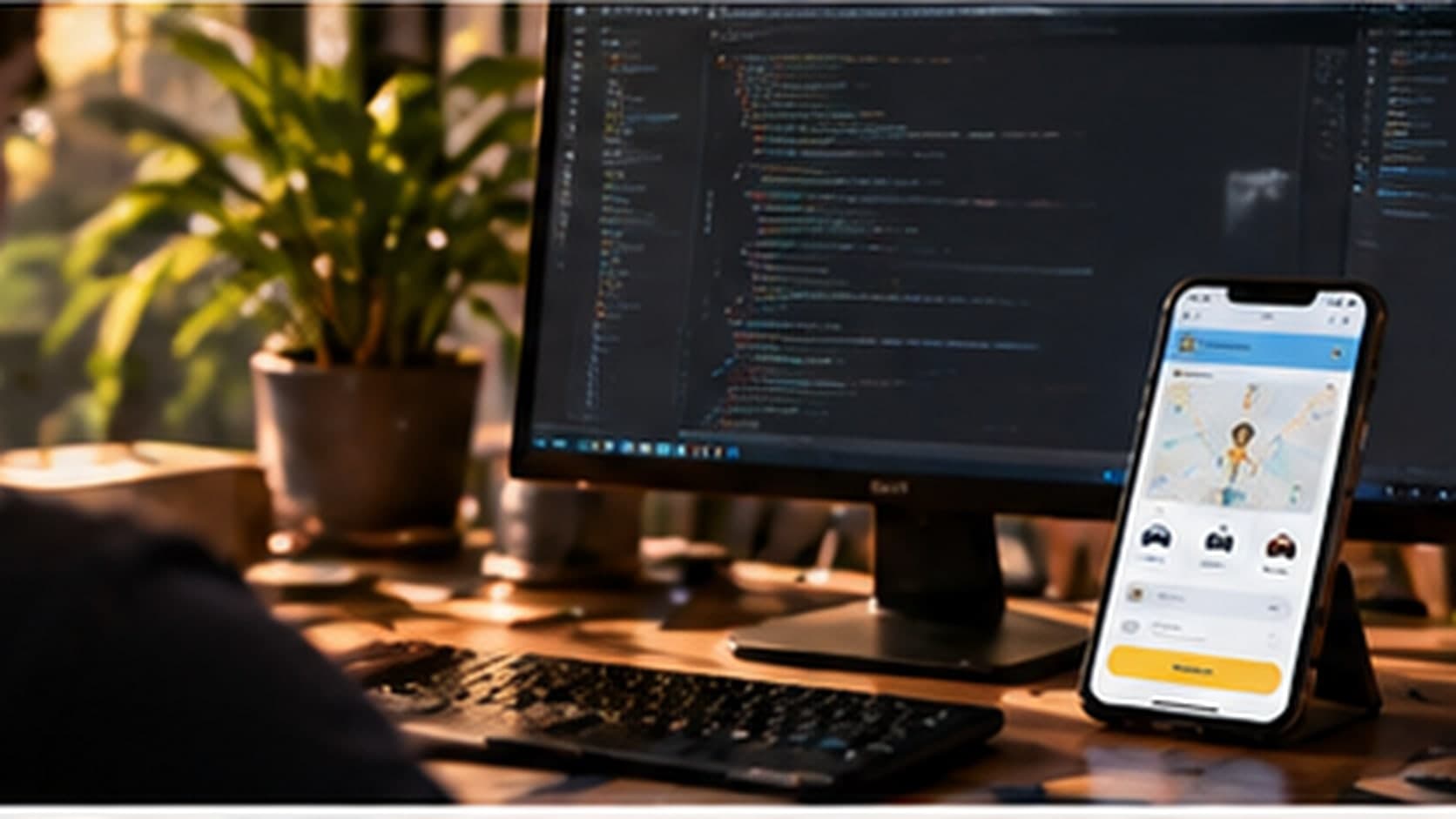Ilustración: un monitor con código y un teléfono con una app de mapas sobre el escritorio de un desarrollador.
