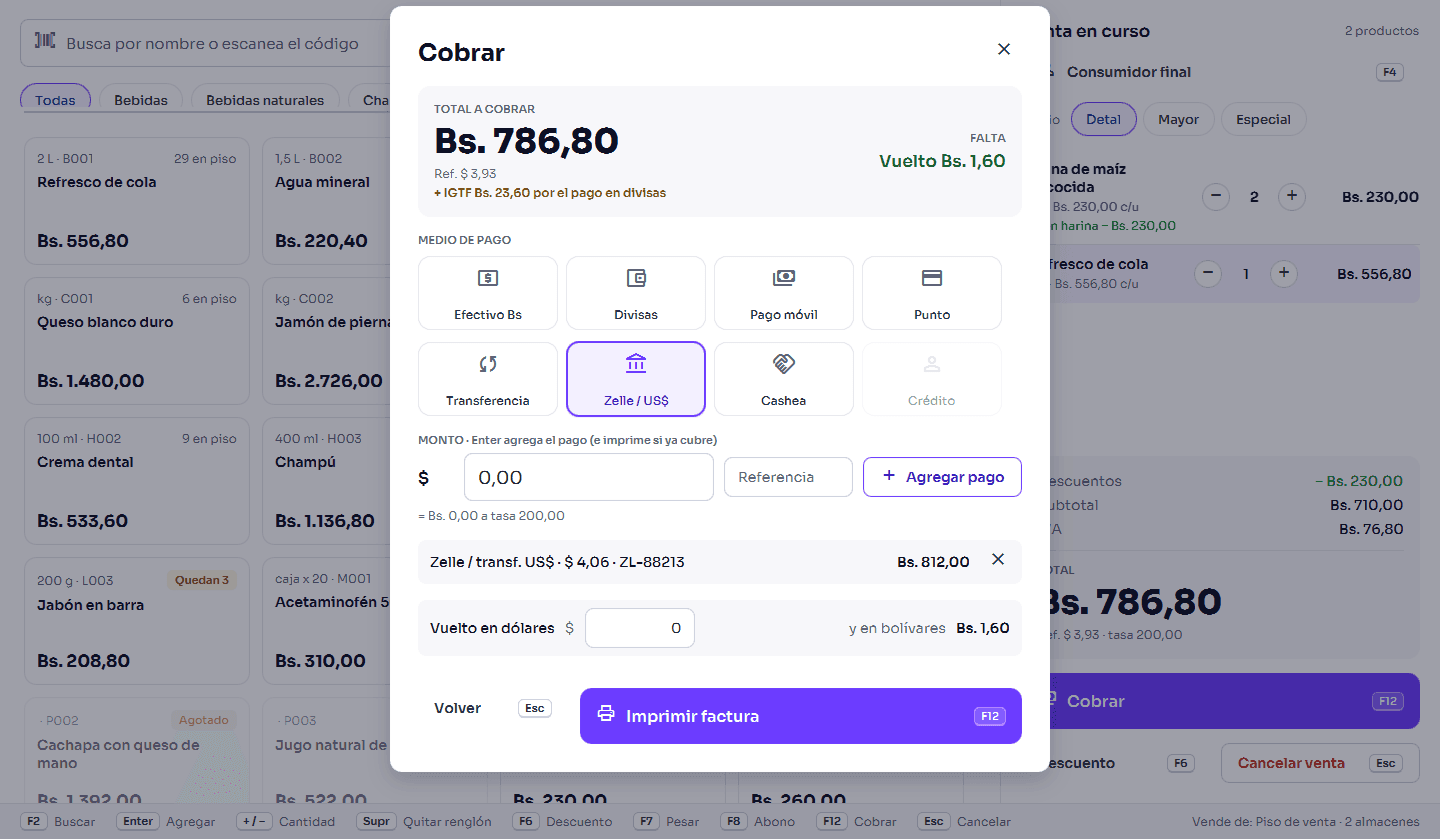 Ventana de cobro de Sonir Negocios con pago por Zelle, IGTF calculado y vuelto en dólares.