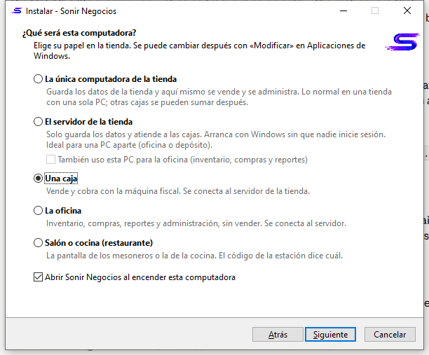 Asistente de instalación de Sonir Negocios preguntando qué será la computadora: la única de la tienda, el servidor, una caja, la oficina o el salón.