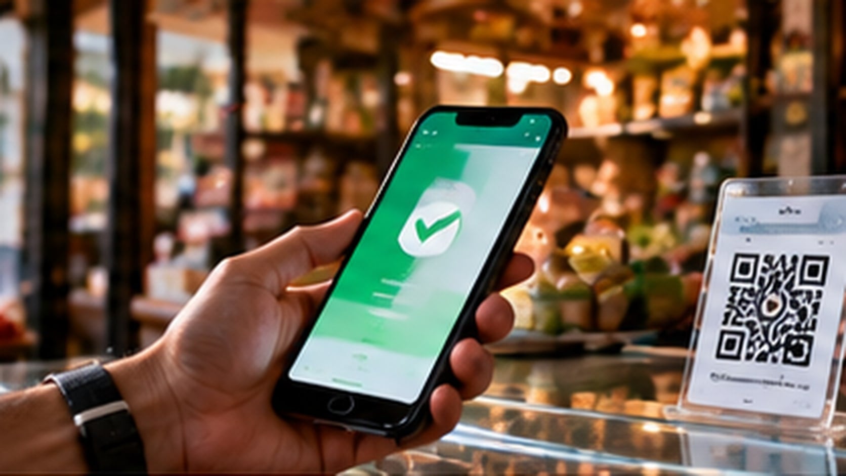 Ilustración: una mano sostiene un teléfono que confirma un pago en el mostrador de un comercio, junto a un código QR.