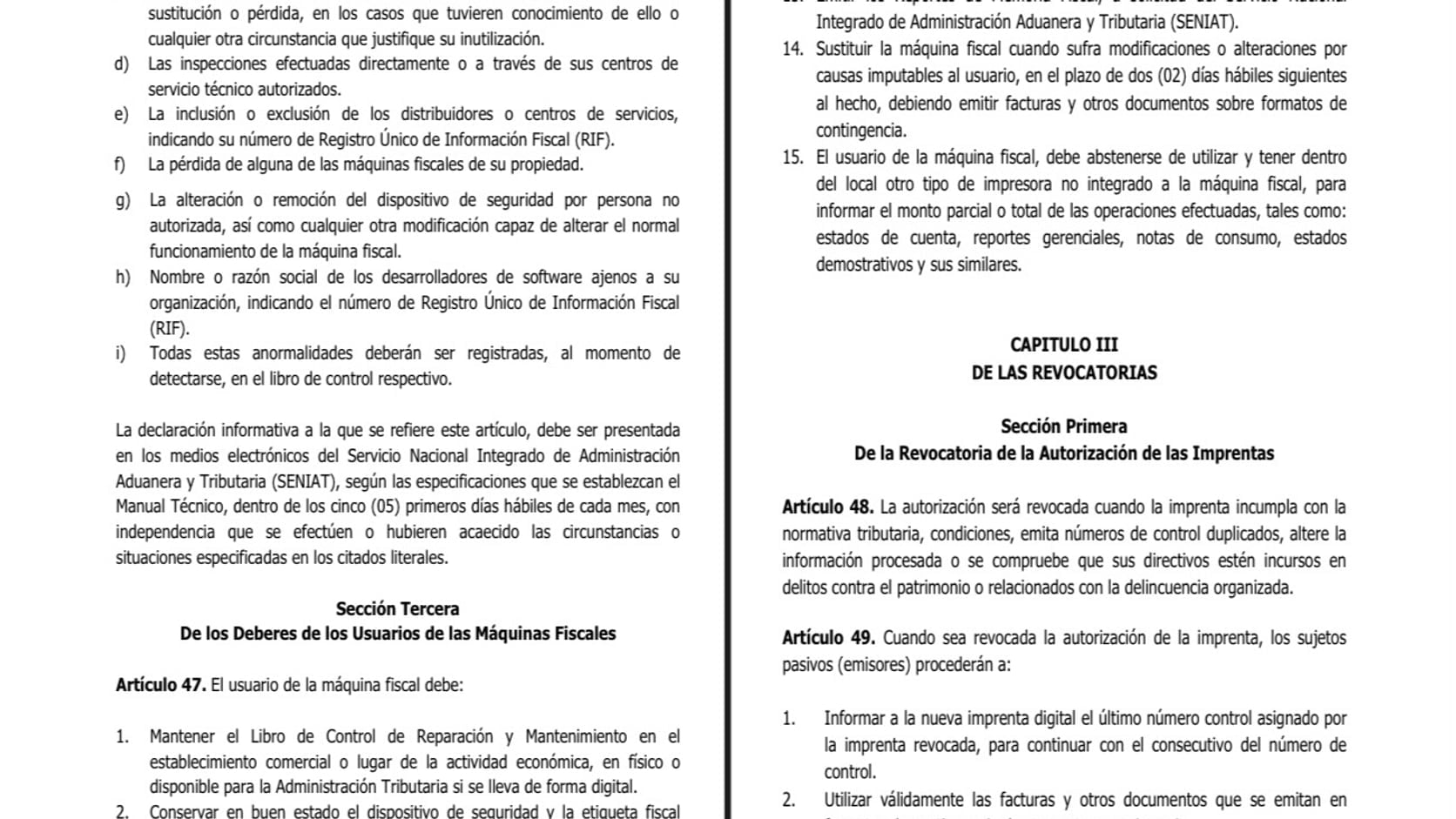 Fragmento de la Gaceta Oficial N.º 43.484 con el artículo 47 de la Providencia SNAT/2026/00093: los deberes de los usuarios de máquinas fiscales.