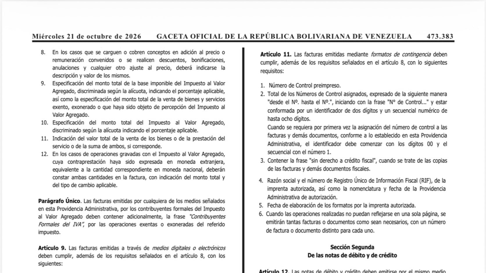Fragmento de la Gaceta Oficial N.º 43.484 con el artículo 11 de la Providencia SNAT/2026/00093: requisitos de las facturas en formatos de contingencia.