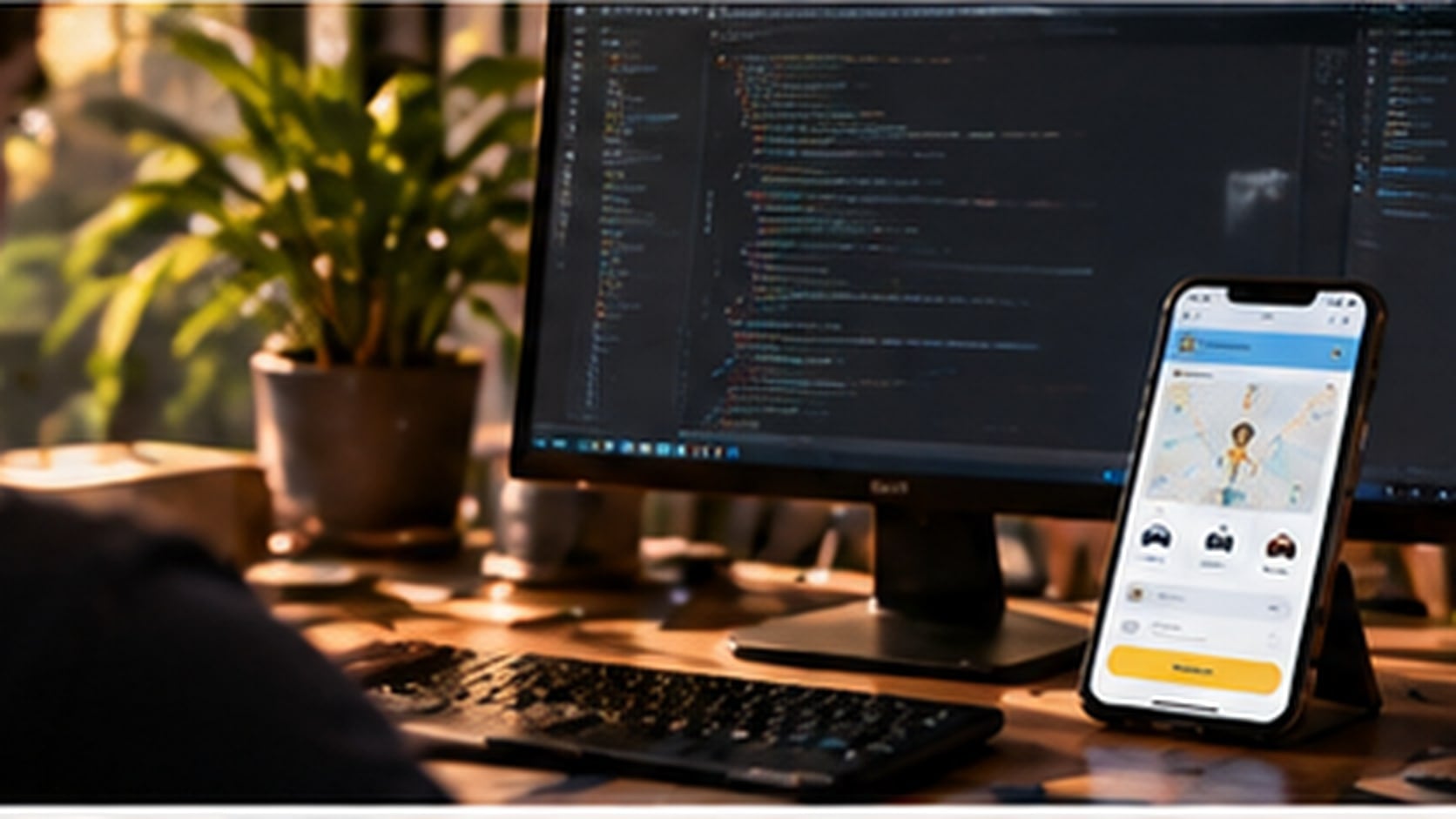 Ilustración: un monitor con código y un teléfono con una app de mapas sobre el escritorio de un desarrollador.