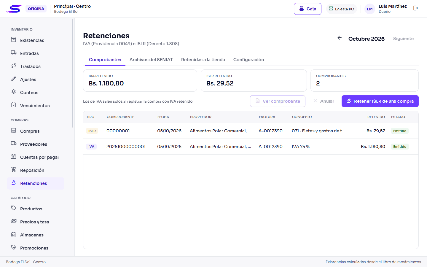 Captura de Sonir Negocios: comprobantes de retención de IVA e ISLR del mes, con proveedor, factura, concepto y monto retenido.