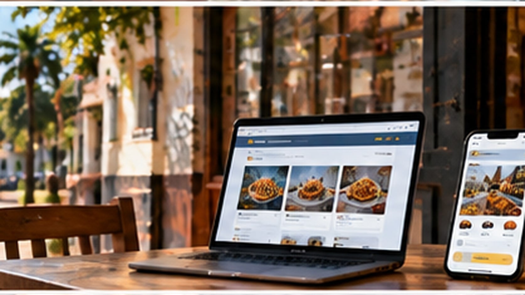 Ilustración: una laptop con la página web de un negocio de comida y un teléfono con su app, sobre una mesa en un local.