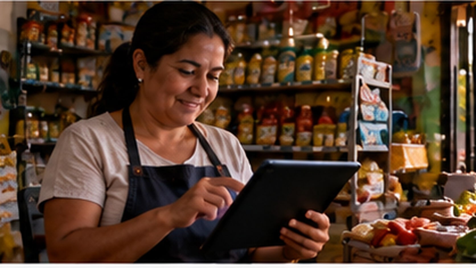 Ilustración: la dueña de una bodega sonríe mientras usa una tablet entre los estantes de su comercio.