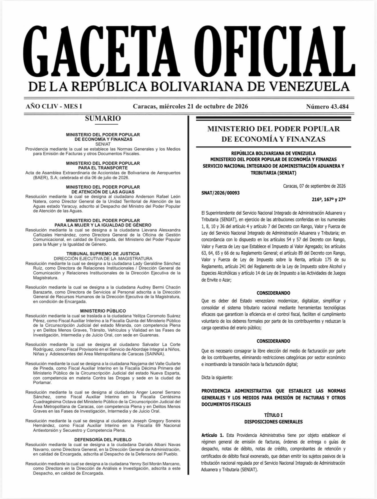 Primera página de la Gaceta Oficial N.º 43.484 con el sumario y el inicio de la Providencia SNAT/2026/00093 del SENIAT.