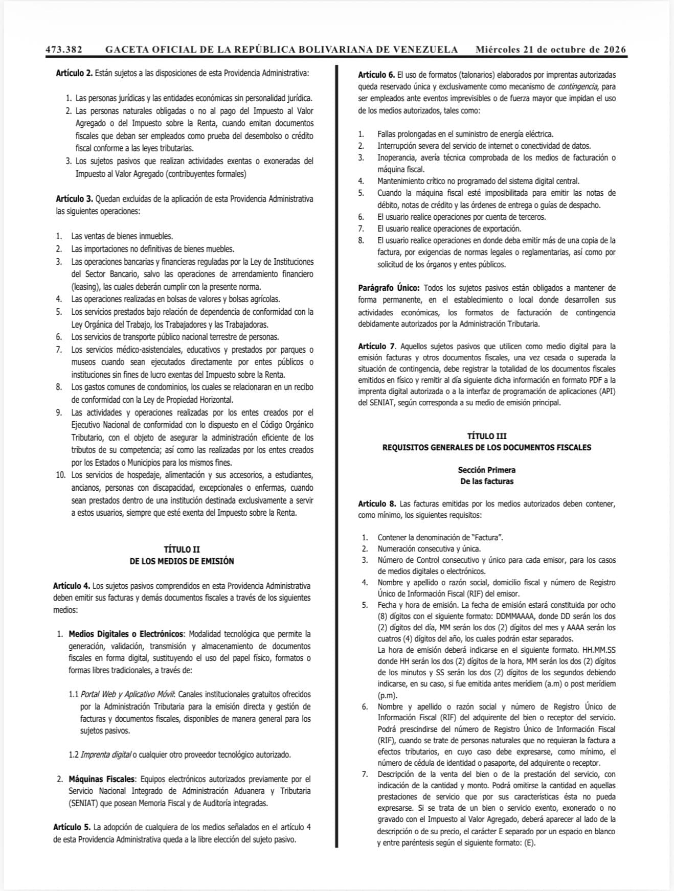 Página 2 de la Gaceta Oficial N.º 43.484 con la Providencia SNAT/2026/00093 del SENIAT.