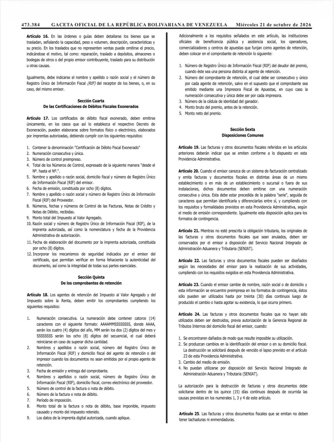 Página 4 de la Gaceta Oficial N.º 43.484 con la Providencia SNAT/2026/00093 del SENIAT.