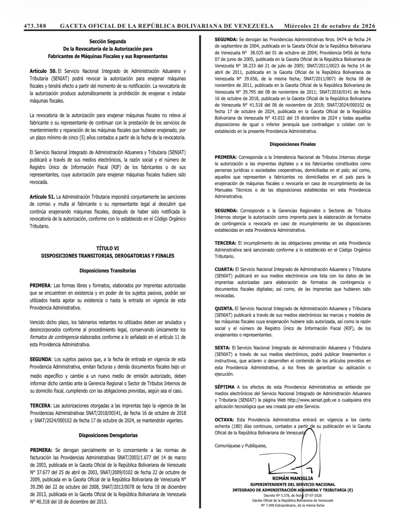 Página 8 de la Gaceta Oficial N.º 43.484 con la Providencia SNAT/2026/00093 del SENIAT.