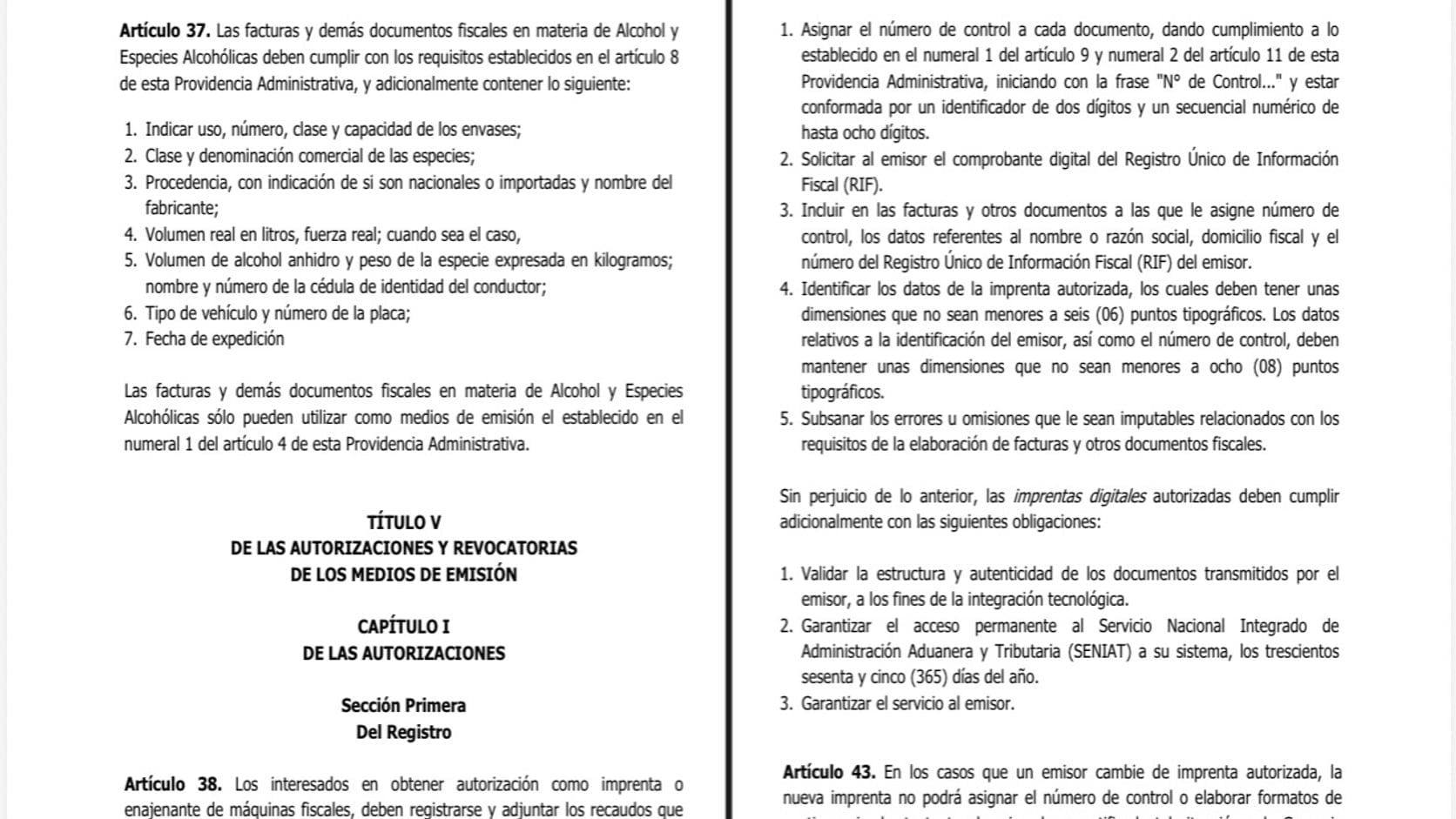 Fragmento de la Gaceta Oficial N.º 43.484 con el artículo 42 de la Providencia SNAT/2026/00093: las obligaciones de las imprentas autorizadas.