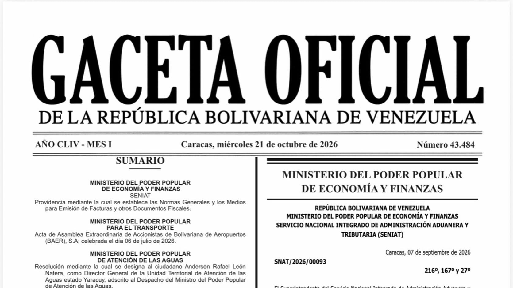Portada de la Gaceta Oficial de la República Bolivariana de Venezuela N.º 43.484 del miércoles 21 de octubre de 2026, con la Providencia SNAT/2026/00093 del SENIAT.