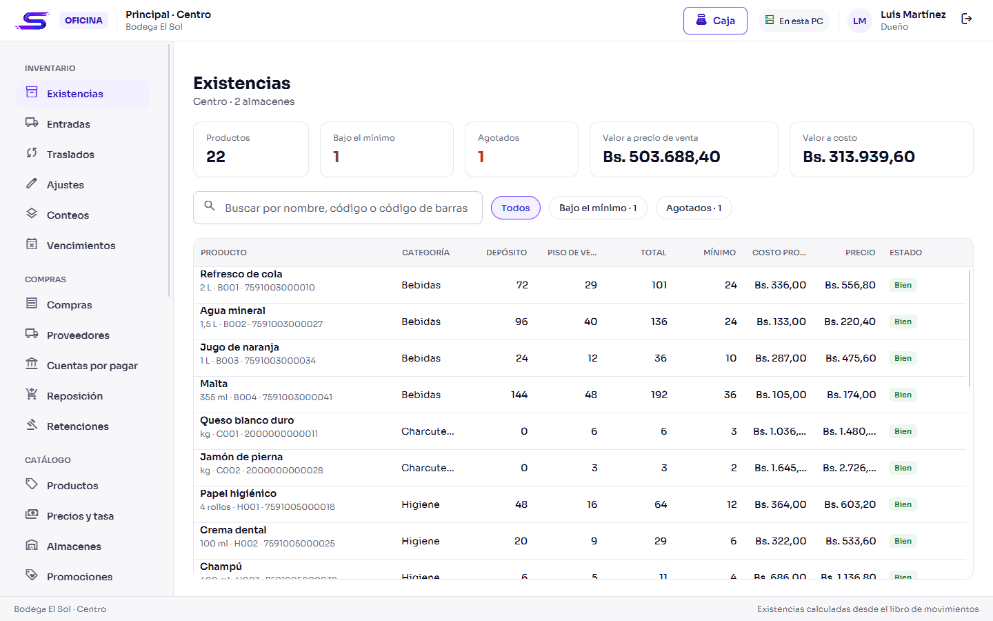 Captura de Sonir Negocios: la pantalla de existencias con productos, cantidades por almacén, mínimos, costo y precio.